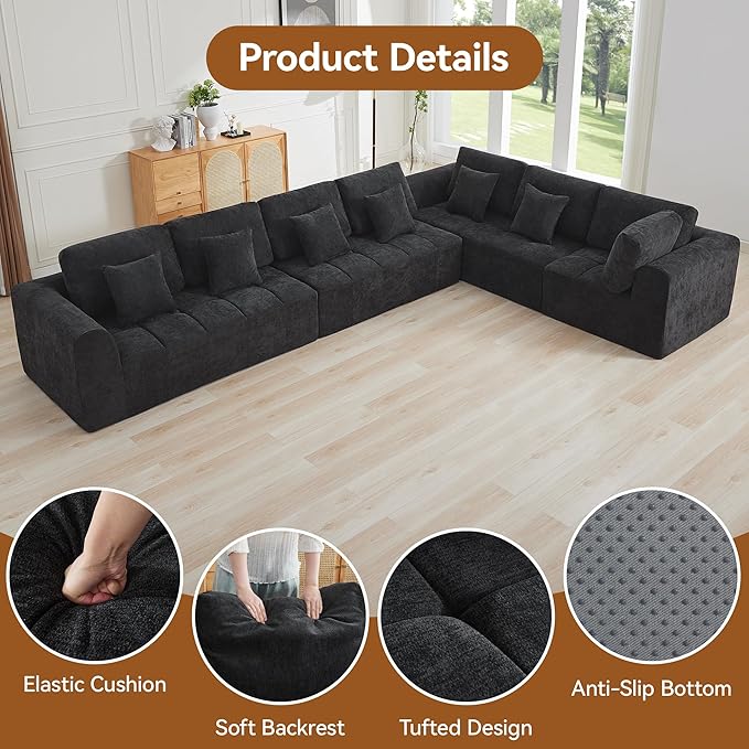 170''Modular Sectional Couches for Living Room, Cloud Boneless Compressed Sectional Sofa, Oversized L Shaped 7 Seater Upholstered Memory Foam Sofa, No Assembly, Chenille Black