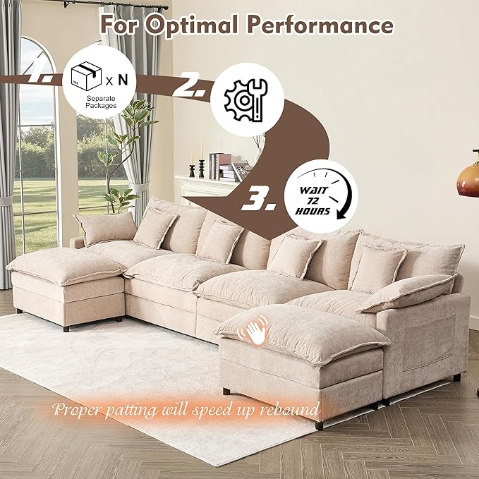 GOSUHI 142.5" U Shaped Couch, Modular Sectional Sofa, 3-Seater Comfy Cloud Couch with Movable Ottoman, Deep Seat Couches for Living Room, Chenille, Flat White