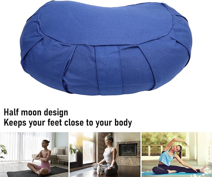 Semme Half Moon Meditation Cushion, Buckwheat Hulls Filled Yoga Pillow with Cotton Cover, for Floor Seating Mat Practice Home Office Outdoor (Dark Blue)