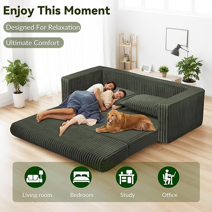 HABUTWAY Folding Sofa Bed, 2 in 1 Convertible Sleeper Chair with 2 Pillows, Portable Fold Out Chair Bed with Armrest, Comfy Floor Couch, Lazy Sofa for Living Room Bedroom Dorm Home Office, Green