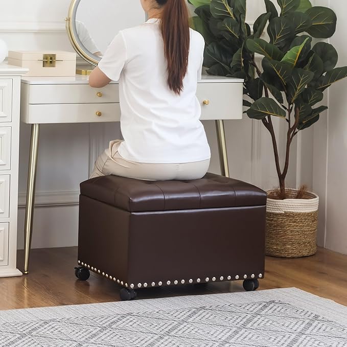 Joveco Leather Storage Ottoman with 360° Caster Wheels 24" Foot Rest Bench Rectangle Ottomans Stool for Living Room Bedroom (Brown, Wheels)