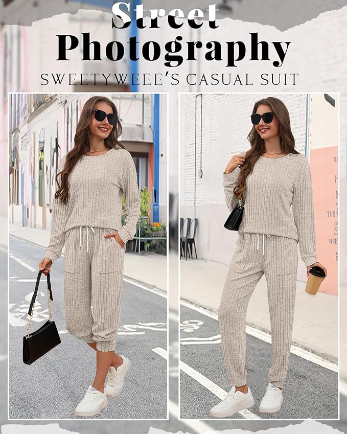 Sweetyweee Women's Ribbed Knit Lounge Sets 2 Piece Outfits Long Sleeve Pajamas Set Loungewear Sweatsuits Fall Pjs with Pocket