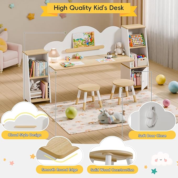 Xilingol Kids Study Desk with Bookshelves and 2 Stools, Kids Desk and Chair Set with 5 Storage Cabinets, Wooden Children Writing Table, Student Study Table for Ages 3-8, Bedroom, Boys, Girls