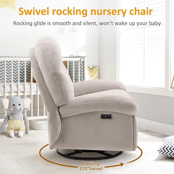 VANOMi Power Recliner Chair with USB & Type-C Charging, 270° Swivel Glider Rocker, Electric Nursery Recliner for Living Room, Bedroom, and Office, Light Gray