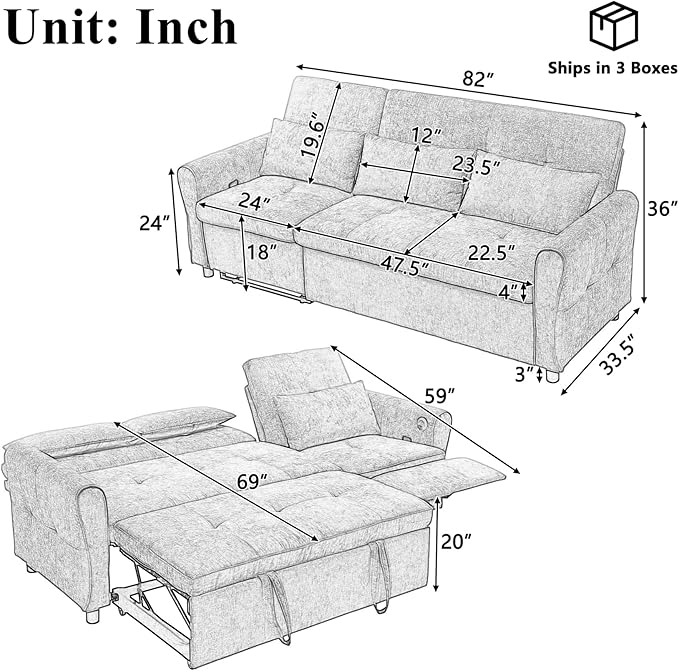 Gagawin 2 in 1 Convertible Sofa Bed with Reversible Recliner, Chenille 3-Seater Couch Sleeper with Pull Out Bed & Adjustable Backrest & Dual USB Charging Ports for Living Room, Blue