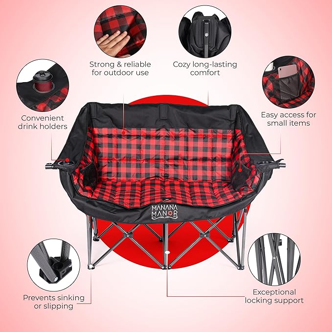 Double Camping Chair with 650lbs Weight Capacity for 2 Person – Portable & Foldable Extra Padded Camping Couch with Cup Holder & Carry Bag for Patio, Beach, Lawn, RV, Camping, Tailgate