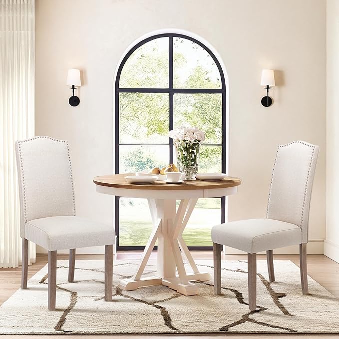 SNUGWAY Upholstered Dining Chair Stylish Parsons Kitchen High Back with Silver Nailhead Trim & Wood Legs, 4-Pack, Fabric Beige
