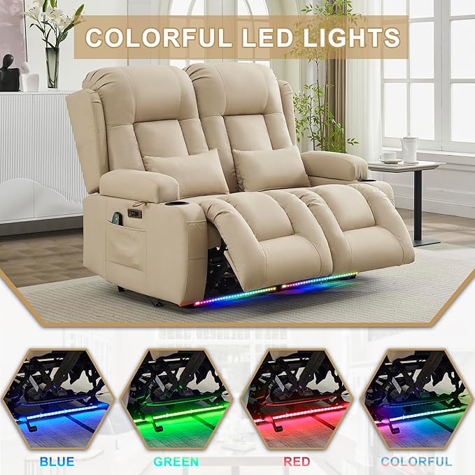 URRED Loveseat Recliner Sofa with Massage and Heat, Power Reclining Loveseat Sofa RV Couch Home Theater Seating with LED Lights, Cup Holders, Side Pockets, USB, Pillows, Leathaire Beige