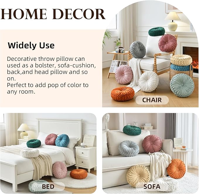 Teieas Round Pillows Velvet Pleated Circle Pillow Chair Cushion Floor Pillows Home Decorations for Home Couch Chair Bed Car Burgundy