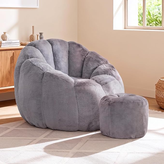 Pumpkin Shaped Bean Bag Chair with Ottoman, Gaint Bean Bag Chair for Adults, Faux Rabbit Fur Comfy BeanBag Floor Sofa Chair for Reading, Playing, Relaxing, Gray