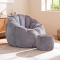 Pumpkin Shaped Bean Bag Chair with Ottoman, Gaint Bean Bag Chair for Adults, Faux Rabbit Fur Comfy BeanBag Floor Sofa Chair for Reading, Playing, Relaxing, Gray