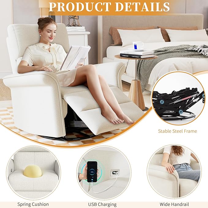 QKFF Power Swivel Rocker Recliner Chair for Nursery, Upholstered Snowflake Velvet 270°Swivel Glider Rocker Chair with USB Ports, Small Power Recliners for Small Spaces Living Room