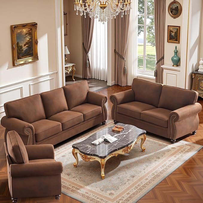 Couchus Living Room Furniture Sets,Sofa Sets and Couch Sets for Living Room,Mid-Century Vintage Sofa Couches with Rivet Design (Caramel, Single+Loveseat+3 Seater)