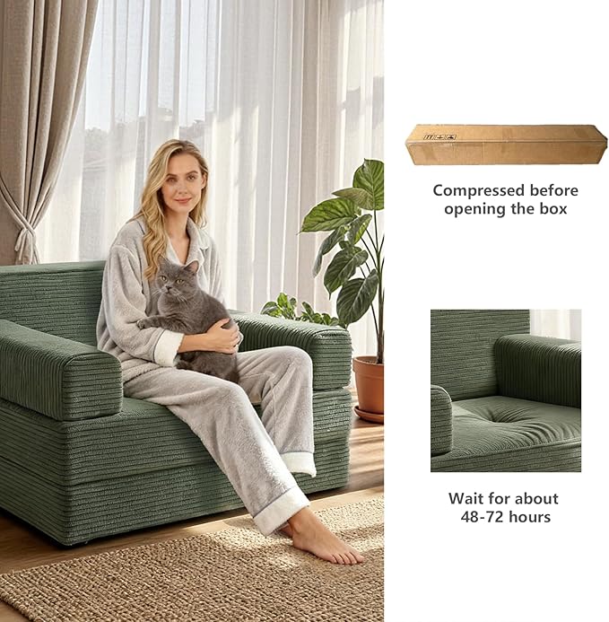 Folding Sofa Bed,Convertible Sofa Bed with Armrest Foldable Sleeper Chair, Portable Folding 4-in-1 Floor Sofa with Convertible Lounge Chair for Living Room,Bedroom,Washable Cover,Green Single