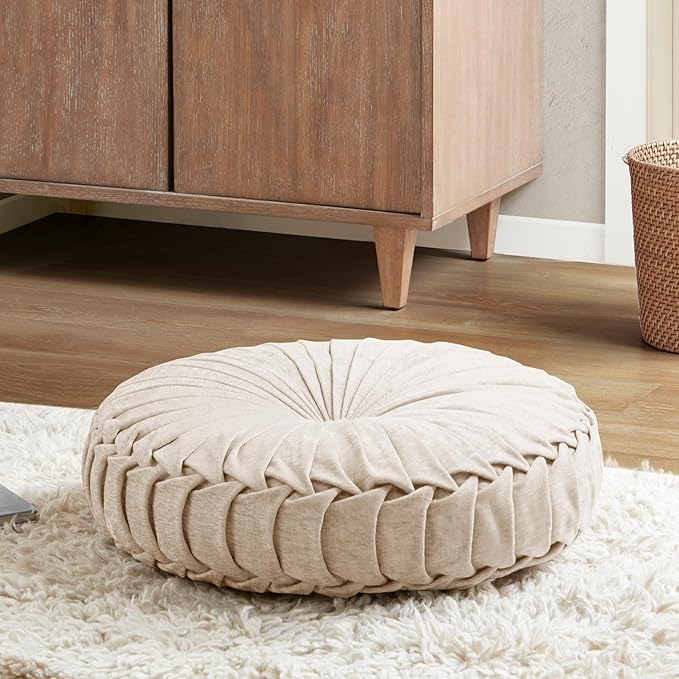 Intelligent Design Loretta Round Chenille Tufted Floor Pillow with Elegant Pleated Design, Large Boho & Vintage Decorative Throw Pillow for Sofa, Bed, or Chair, 22" x 6", Iovry