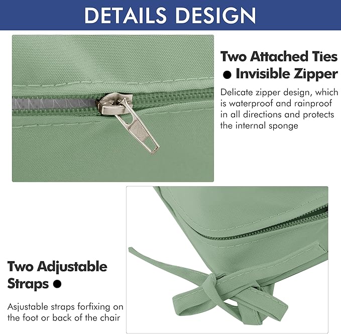 Outdoor Chair Cushions 24 x 24 Inch Waterproof Patio Chair Cushions with Tie 5 Year Color Fastness Thick Outdoor Seat Cushion for Garden Lawn Patio Furniture Sage Green Set of 2