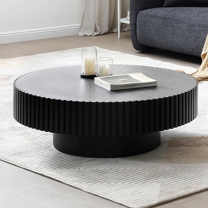 39.37'' Black Round Wood Coffee Table for Apartment, Modern Living Room Coffee Table with Sturdy Pedestal