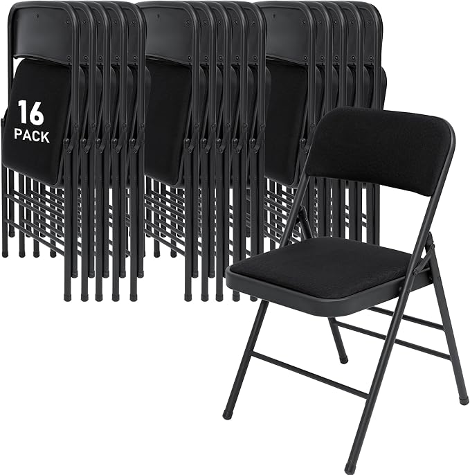 SEALAMB 16 Pack Fabric Folding Chairs with Padded Seats & Cushion, Metal Foldable Chairs for Wedding Party, Commercial Chairs for Office School Church Events, 350lb Capacity (Black-Fabric, 16 Pack)