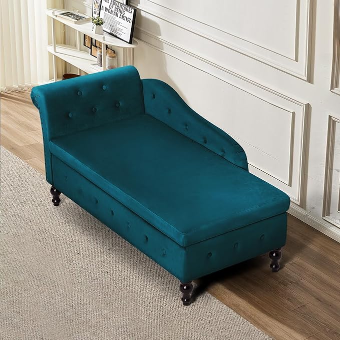 ACMEASE Upholstered Chaise Lounge with Left Armrest & Lumbar Pillow,Button Tufted Lounge Sofa with Storage,Lounge Chair Indoor,Modern Velvet Lounge Chair for Bedroom, Living Room and Office,Teal