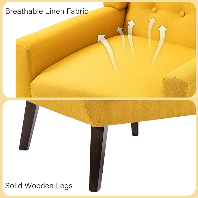 Accent Chair, Mid-Century Modern Fabric Chairs with Arms for Living Room, Comfy Upholstered Club Single Sofa Armchair for Bedroom Waiting Room with Solid Wood Frame (Fabric Yellow, Set of 2)