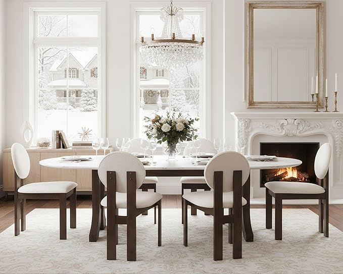 Modern Wood Dining Chairs Set of 4, Farmhouse White Boucle Kitchen Chairs with Round Back and Wooden Walnut Legs, Mid-Century Armless Upholstered Accent Chairs for Dining Room/Living Room/Restaurant