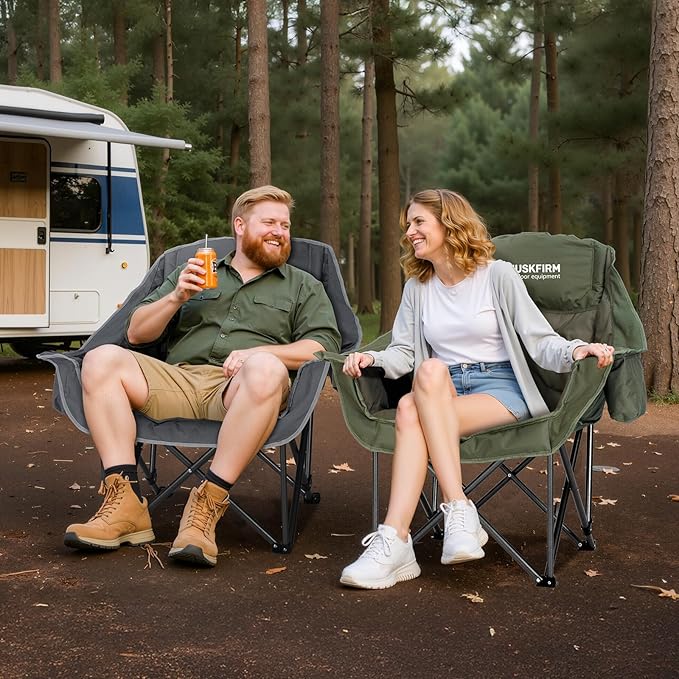 2 Pack Camping Chairs Oversized Padded Camping Chair Heavy-Duty Foldable Camping Chairs with Cup Holder and Cooler Bag Portable Lawn Chair for Sports Outdoors-Support 450LBS, Grey