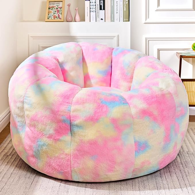 Giant Bean Bag Chair, Faux Fur Adults Beanbag with Petal Armrest Oversize Colorful Chair for Teens Bedroom, Living Room, Dorm, Game - Rainbow, X-Large, High Support