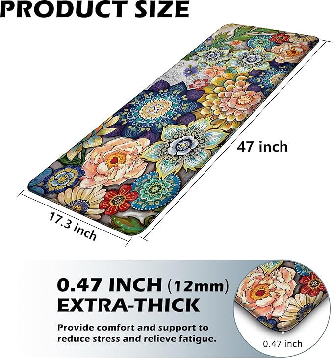 Floral Kitchen Runner Rug Mat for Floor Boho Cushioned Anti-Fatigue Mat Memory Foam Standing Desk Padded Comfort Floor Mat for Sink, Office, Laundry, 17.3x47 Inch - 1/2 Inch Thick