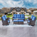 Rilyson Wicker Patio Furniture Set - 7 Piece Rattan Outdoor Sectional Conversation Sets with 4 Swivel Rocking Chairs,2 Ottomans and 1 Sofa for Porch Deck Garden(Brown/Blue)