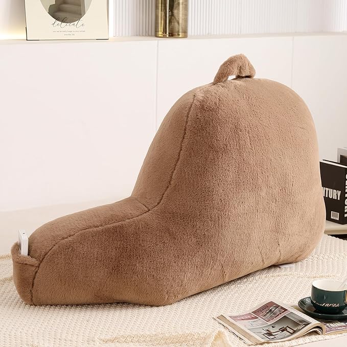 PAJEO Reading Pillow for Sitting in Bed, Large Backrest Reading Pillow with Arm Rest,Back-Rest Support Cushion for Sit Up on Couch, Sofa, and Floor, Dorm Essentials (Khaki Faux Fur, Standard(17"))