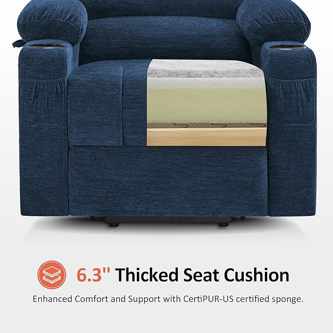 MCombo Power Lift Recliner Chair for Elderly, Lift Chair with Heat and Massage, USB &Type C Ports, Cup Holders, Fabric 7095 (Medium, Navy Blue)