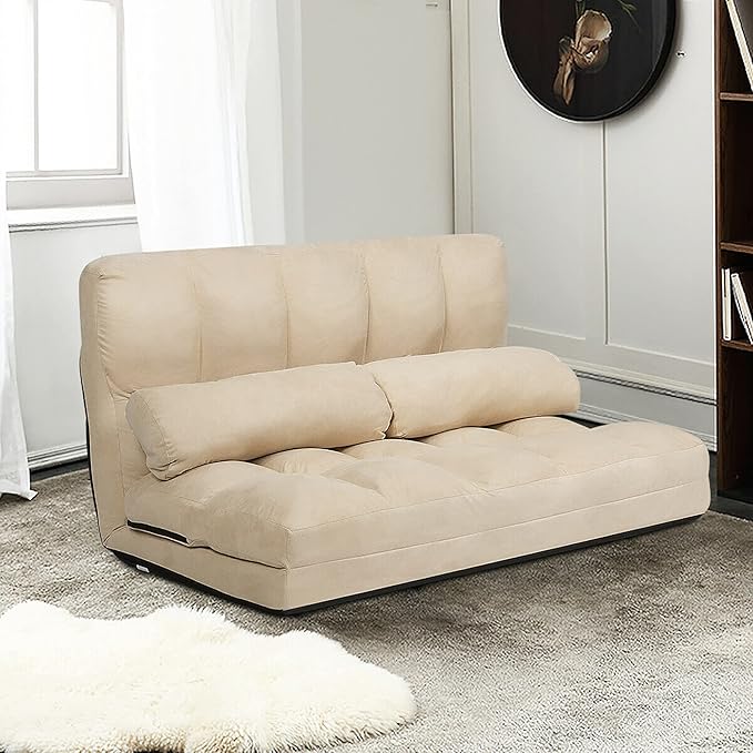 DORTALA Foldable Floor Sofa, 6-Position Adjustable Lounge Couch with 2 Pillows & Suede Cloth Cover, Modern Lounge Mattress Video Gaming Lazy Couch, Suede Floor Seating Sofa, 71" x 44.5", Beige