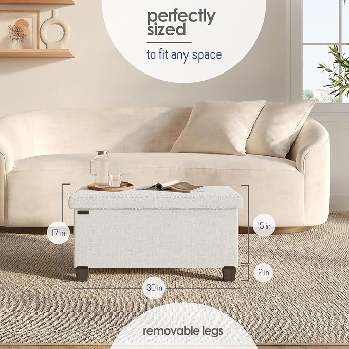 Storage Ottoman Bench with Bins, 30-in Storage Bench for Bedroom End of Bed, Folding Foot Rest Ottoman for Living Room Max 660lbs, Fabric Ottomans, Cream