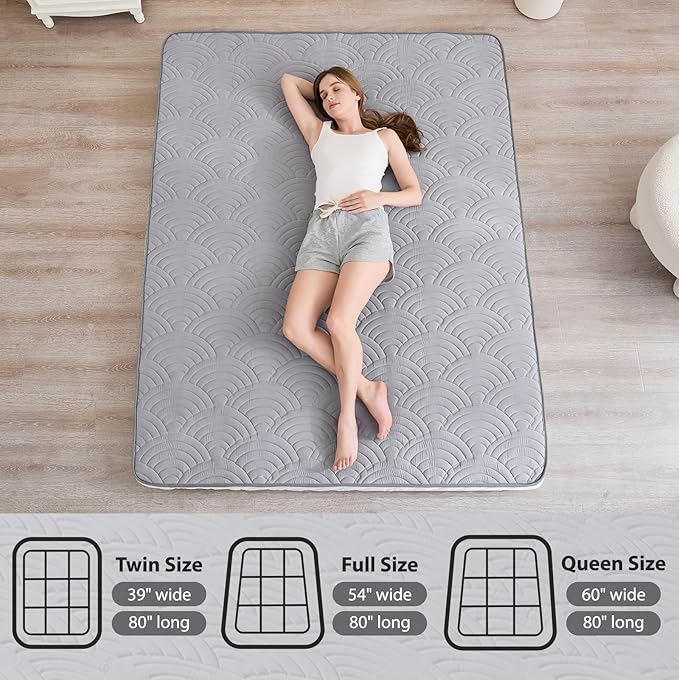 Zelladorra Japanese Floor Mattress, Quilted Futon Mattress with Anti-Slip Bottom, Foldable Floor Bed with Storage Bag and Straps, (Light Grey, Full)
