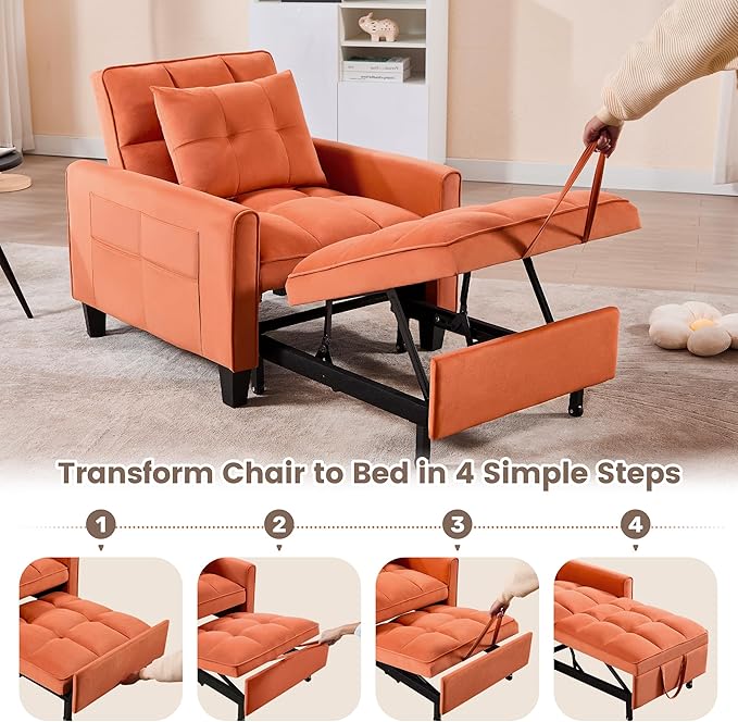 choairy Convertible Sleeper Chair, 3 in 1 Sleeper Chair Bed Pull Out Sofa Bed Chair, Velvet Single Sofa Bed Adjustable Backrest Chair Bed Sleeper for Adults Reading Living Room, Bedroom, Orange