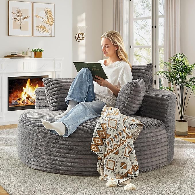 55"W Oversized Round Chair Lounge Chaise Indoor, Upholstered Comfy Circle Sofa Armchair, Modern Cozy Boneless Foam Floor Reading Chair for Living Room, Bedroom, No Assembly Required(Corduroy, Grey)