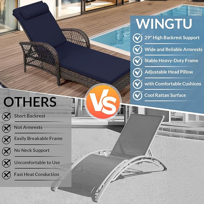 WINGTU Outdoor Chaise Lounge Chair with Side Table, All Weather PE Rattan Patio Lounge Chair with Cushion, 6-Positions Adjustable Pool Sunbathing Recliner for Poolside, Armrest & Pillow, Navy Blue