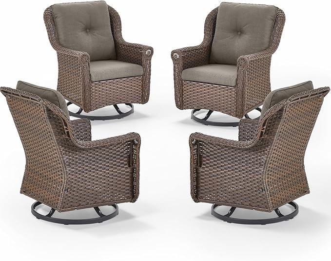 ACTREST Patio Chairs Outdoor Swivel Glider - Set of 4 High Back Outside Brown Wicker Rattan Rocking Chair with Thick Cushion for Porch Apartment Deck Yard Poolside Garden - Grey