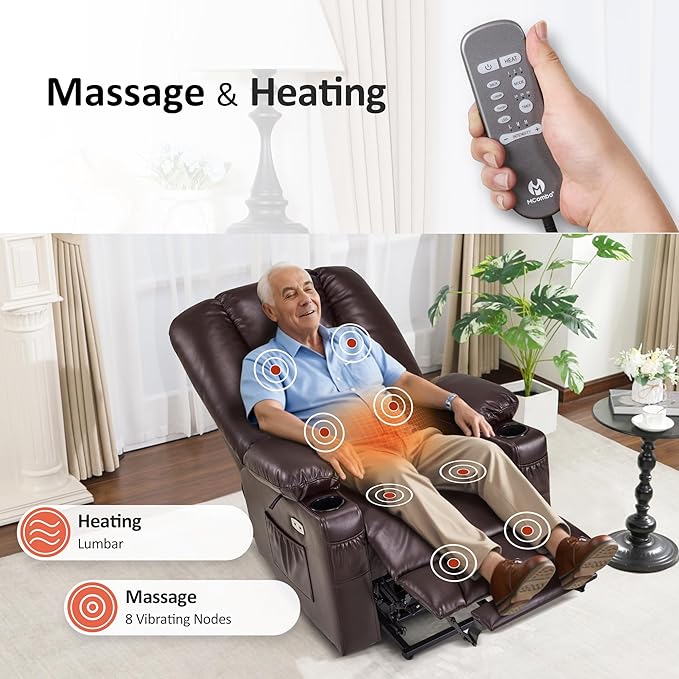 MCombo Large Power Lift Recliner Chair Sofa with Massage and Heat for Big and Tall Elderly People, 3 Positions, Cup Holders, and USB Ports, Faux Leather 7540 (Large, Dark Brown)