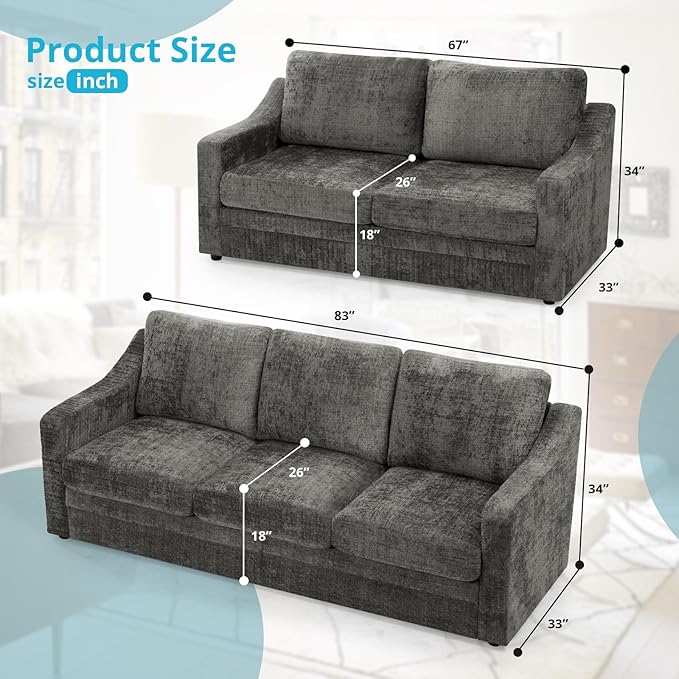 ACMEASE 2 Pieces Chenille Sofa Sets w/Comfortable Back Cushions, Modern Loveseat & Sofa w/Deep Seat Space, Upholstered 2 Seat & 3 Seats Couch Sets w/High Resiliency Foam for Living Room, Office Grey
