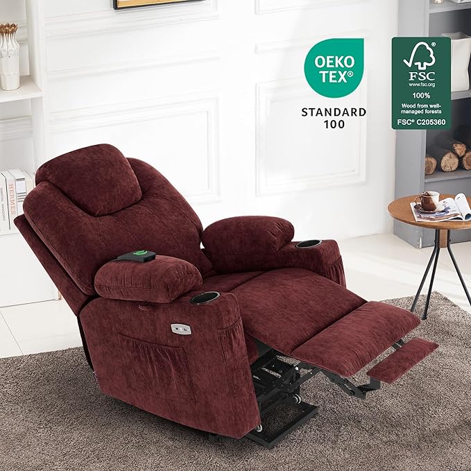MCombo Small Power Lift Recliner Chair Sofa with Massage and Heat for Petite Elderly, 3 Positions, Cup Holders, and USB Ports, Extended Footrest, Fabric 7141 (Sangria)
