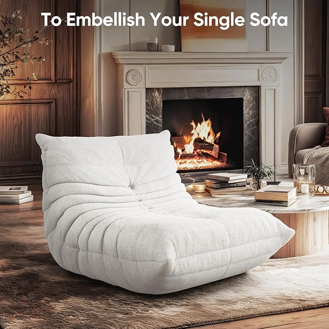 cebihy Premium Quality Compression Fireside Togo Chair, Adult Bean Bag Chair, Single Floor Couch, Soft Lazy Floor Chairs for Living Room, Bedroom, Salon & Office (Teddy White)