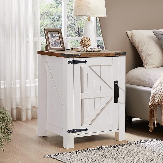 OKD Nightstand with Charging Station, 18 Inch Farmhouse End Table with Barn Door and Adjustable Storage Shelf, Rustic Wood Sofa Side Table w/Magnetic Door for Living Room, Bedroom, Antique White
