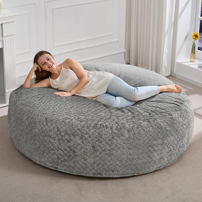 Hobestluk 6ft Bean Bag Chairs for Adults Large Beanbag Chair with Chevron Plush Fur Cover Big Bean Bag Chair for Living Room Bedroom Dorm Office - Grey (70" x 70" x 15")