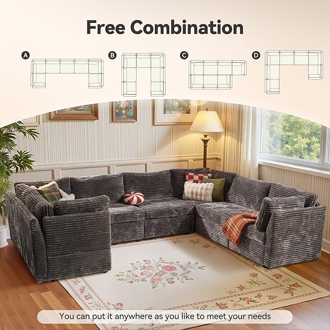CAODOC Large 7 Seat Modular Sectional Sofa with Ottoman Seat Corduroy Sleeper Sectional Sofa Bed Oversized Convertible Modular Couch for Living Room