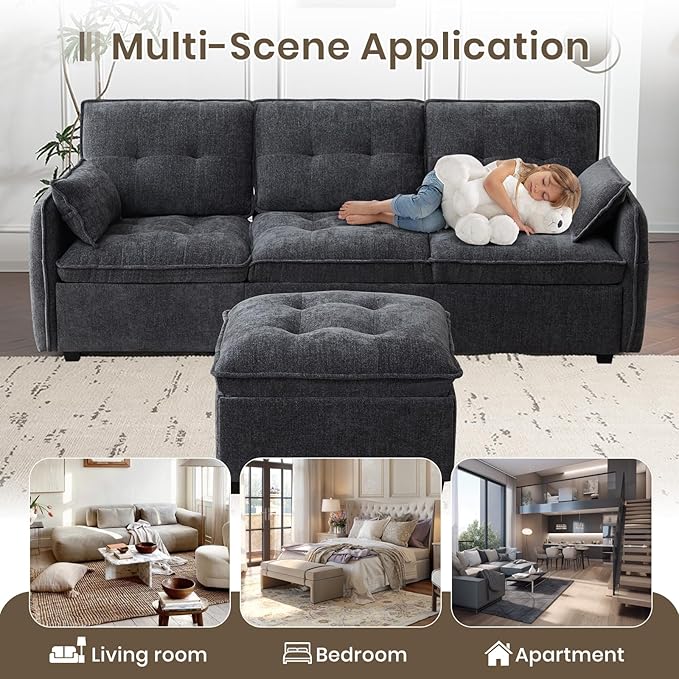 PALLOME 96" Modular L-Shaped Sofa - 3-Seat Cloud Couch with Movable Ottoman, Extra Deep Seat Sofa Couch with Throw Pillows for Living Room & Small Spaces (Grey, 3-Seat + Ottoman)