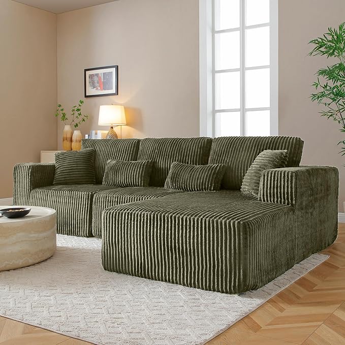 Modular Sectional Sofa Cloud Sectional Couch, 107" Comfy Fluffy L Shaped Olive Green Couches for Living Room, Deep Seat Memory Foam Plush Corduroy Boneless Couch Sectionals Right Facing Chaise Sofa