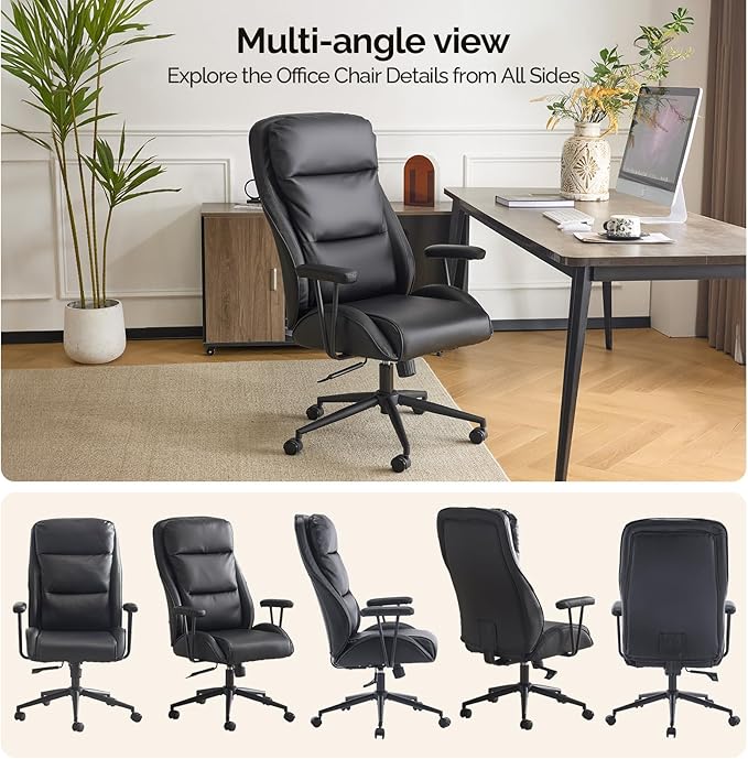 VINGLI Executive Ergonomic Office Chair with 100-130° Reclining, High-Back Desk Chair with Adjustable Base & Headrest Support & Wheels, Comfy Gaming Chair for Computer, Home Office, Pu-Leather, Black