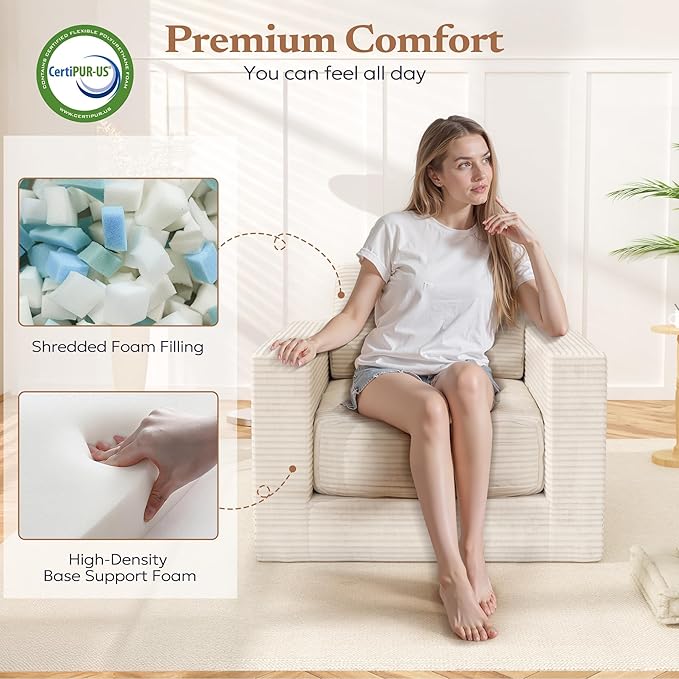 Bean Bag Chair, Large Beanbag Chair for Adults, Comfy Foam Floor Sofa with Pillows and Armrests, Plush Chair Bean Bag Couch for Bedroom Living Room, (Plush Corduroy Fabric, Beige)