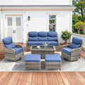 Pugire Luxury High Back Patio Furniture Set with 6-Inch Thick Cushions, 6-Pieces Outdoor Furniture with Swivel Chairs, Wicker Conversation Set for Porch, Balcony, Deck and Yard, Grey/Blue